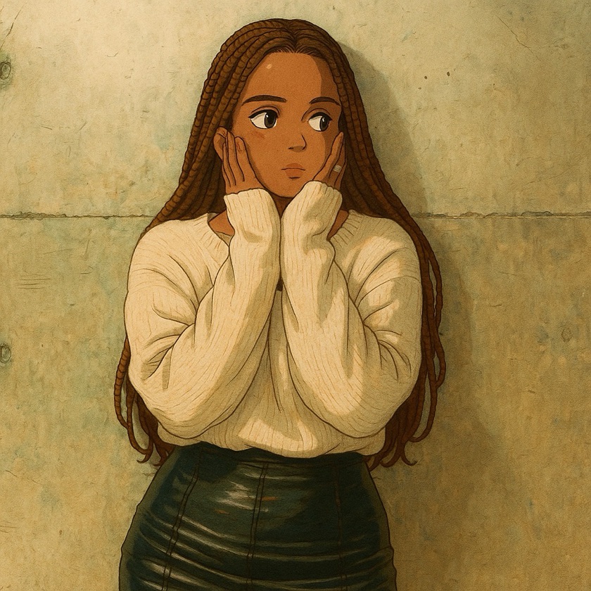 Portrait illustré de Mia, pull crème et longues tresses